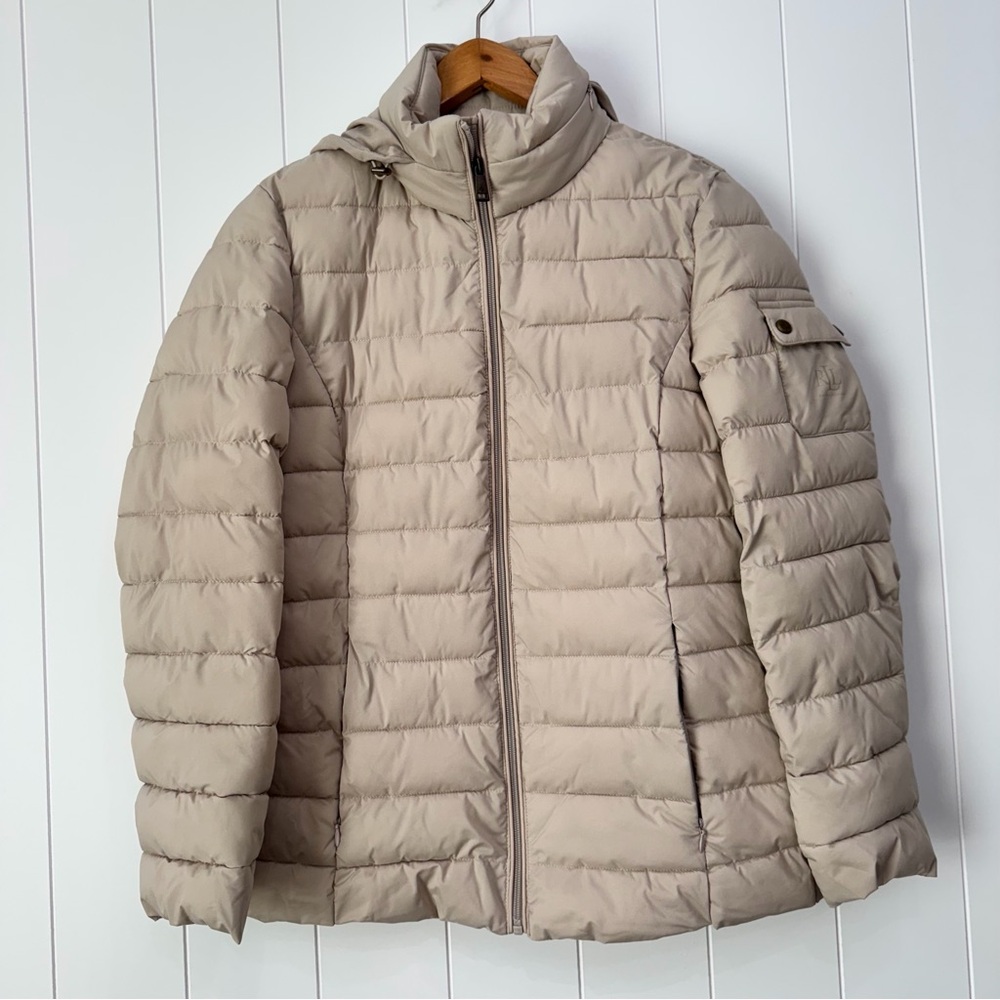Ralph Lauren Patch Pocket Quilted Puffer Stretch Hooded Jacket Beige Size Small
